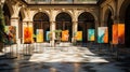 Vibrant Outdoor Art Gallery: Sculptures & Paintings in a Captivating Courtyard