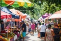 Vibrant outdoor market with people and colorful tents Royalty Free Stock Photo