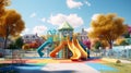 Vibrant outdoor play structure with slides. Colorful playground. Concept of recreation, children's play equipment Royalty Free Stock Photo