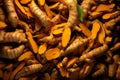 A vibrant overhead shot of fresh curcuma roots, symbolizing the natural health benefits and richness of this spice. Generative Ai
