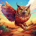 Vibrant Owl Speedpainting: Colorful Cartoon Sprint Across The Savannah