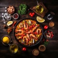 Vibrant Paella Showcase Amidst a Bustling Spanish Marketplace