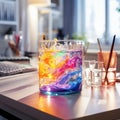 Vibrant Paint Flow: Close-up of Colorful Beaker on White Desk