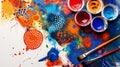 Vibrant paint splashes and dots with open paint cans and brushes, a dynamic and colorful art background Royalty Free Stock Photo