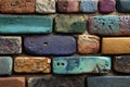 Vibrant painted bricks form a textured wall, showcasing diverse colors and patterns Royalty Free Stock Photo