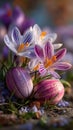 vibrant painted Easter eggs in a spring garden with blooming purple-and-white crocus flowers Royalty Free Stock Photo