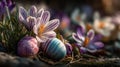 vibrant painted Easter eggs in springtime garden among blooming purple-and-white crocus flowers Royalty Free Stock Photo