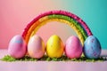Vibrant painted eggs rainbow arc on bright backdrop, bright colors, plastic, celebratory Royalty Free Stock Photo