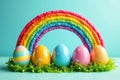 Vibrant painted eggs rainbow arc on bright backdrop, festive, plastic Royalty Free Stock Photo