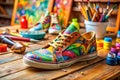 Vibrant Painted Sneakers on an Artists Workspace A Creative Studio Showcase Royalty Free Stock Photo
