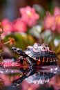 Vibrant Painted Turtle Amongst Red Flowers with Water Droplets on a Reflective Surface