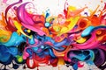 A vibrant painting with an array of colorful paint splatters adorning a clean white wall, A swirling chaos of vibrant, neon colors