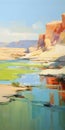 Vibrant Painting Of Badlands On Water With Blurred Imagery