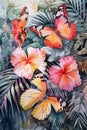 Vibrant Painting of Butterflies and Flowers Royalty Free Stock Photo