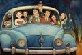 A vibrant painting capturing a car with a diverse group of individuals seated inside, symbolizing unity and togetherness, The