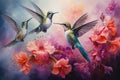 A vibrant painting capturing the graceful flight of three hummingbirds as they hover over a colorful array of flowers, A trio of