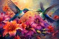 A vibrant painting capturing the graceful flight of two hummingbirds as they hover above a bed of colorful flowers, A trio of