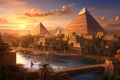 A vibrant painting capturing the iconic Pyramids of Giza against a picturesque sunset backdrop, An ancient Egyptian cityscape with