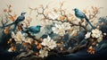 A group of blue birds on a tree branch with white and orange flowers