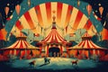 A vibrant painting capturing the lively scene of a circus with horses and people performing under a big top tent, Retro-style Royalty Free Stock Photo