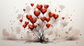 A vibrant painting capturing love and nature intertwined. A painting of a bunch of red hearts on a tree