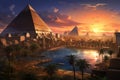 A vibrant painting capturing the majestic Pyramids of Egypt as the sun sets over the horizon, An ancient Egyptian cityscape with Royalty Free Stock Photo