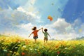 A vibrant painting capturing the pure joy of two children as they fly a kite in the open sky, Children flying kites in a summer Royalty Free Stock Photo