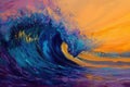 A vibrant painting capturing the raw power and beauty of a wave crashing in the open sea, A breaking wave in vibrant colors, AI