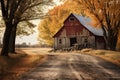 A vibrant painting capturing the rustic beauty of a red barn nestled in a scenic country setting, An old, rustic barn in an autumn