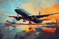 A vibrant painting capturing the thrilling moment of an airplane lifting off from a runway, Airplanes symbolizing international Royalty Free Stock Photo