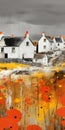 Abstract Coastal Landscape: White Houses And Orange Poppies Royalty Free Stock Photo
