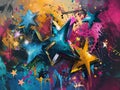 A vibrant painting of colorful stars on electric blue background Royalty Free Stock Photo