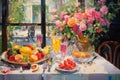 A vibrant painting depicting a bowl of assorted fruit placed on a table, Colorful and bright painting of a brunch setting for a