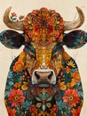 a colorful painting of a bull with flowers on its body