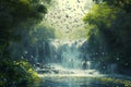 A vibrant painting depicting a group of birds soaring gracefully over a powerful, cascading waterfall, Birds flocking over a river