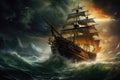 Vibrant painting depicting a pirate ship navigating treacherous waves during a tempestuous storm, A pirate ship sailing in rough