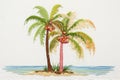 A vibrant painting depicting two palm trees against a colorful sky and tranquil beach, Tropical embroidery featuring a coconut Royalty Free Stock Photo