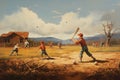 A vibrant painting depicting a young boy swinging a baseball bat with enthusiasm, Children playing baseball in an open field, AI Royalty Free Stock Photo