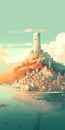 Fantasy Town With Castle: A Vibrant Painting Of A Coastal Wonderland