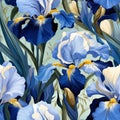 Vibrant painting featuring purple iris flowers, AI-generated.