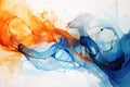 A vibrant painting featuring swirling blue and orange smoke against a clean white background, Show the interplay of orange and Royalty Free Stock Photo