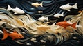 A vibrant painting of fish swimming in a wave