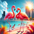 A vibrant painting of flamingos in a tropical paradise, with palm trees, a city skyline, and a sunset in the background. Royalty Free Stock Photo