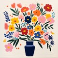 Colorful Flower Vase Painting: Paper Cut-out Style With Minimalist Brushwork Royalty Free Stock Photo