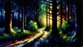 A vibrant painting of a forest path at sunset