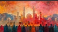 Vibrant painting of an Indian palace with crowds of people