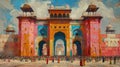 Vibrant painting of an Indian palace with crowds of people