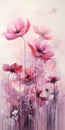 Abstract Ink Painting Of Pink Poppies On White Background