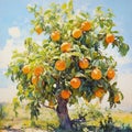 Vibrant painting of a peach tree with ripe fruit. AI-generated.