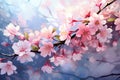 A vibrant painting of pink flowers on a branch, capturing the beauty and delicacy of nature, Sakura, Cherry blossom, Spring